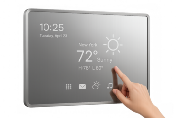 Hand touching smart home screen displaying weather, time, and music app with transparent background