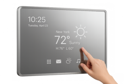 Hand touching smart home screen displaying weather, time, and music app with transparent background - Powered by Adobe