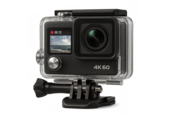 Modern action camera showing recording on transparent background