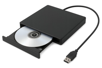 External dvd drive reading disc on transparent background