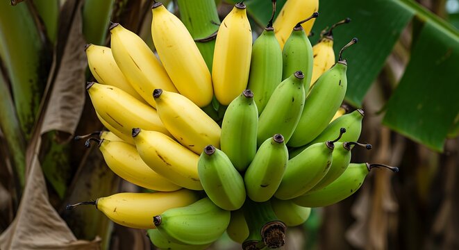 Close-up Fresh Ripe and Unripe Banana Bunch Hanging on Tree
