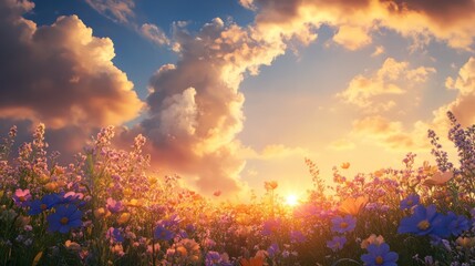 Naklejka premium Colorful wildflowers at sunset