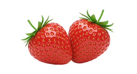 Two ripe red strawberries with green leaves in high detail 3D style representing fresh fruit and healthy food isolated on a transparent background, png, cutout.