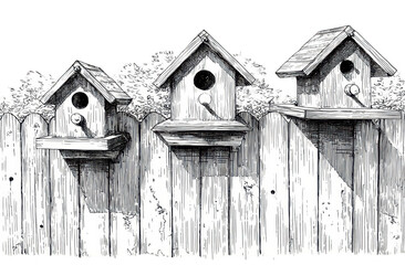 Birdhouses on Fence Illustration (1)