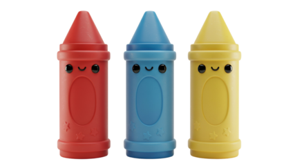 Three colorful crayons with cute cartoon faces in red, blue, and yellow promoting creative drawing isolated on a transparent background, png, cutout.