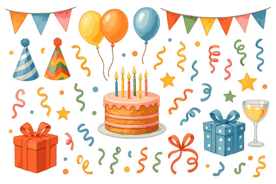 Colorful cartoon birthday party elements including cake presents balloons hats and confetti creating a festive mood