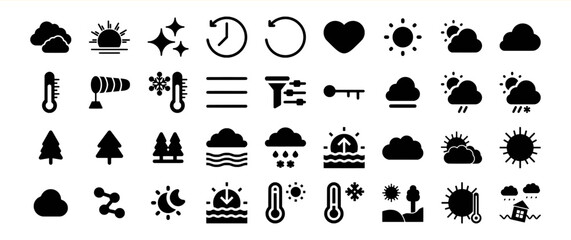 Black Weather Icons Collection Bundle 140 Sunrise Sunset Clouds Rain Snow Temperature