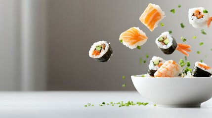 Assorted sushi pieces levitate above a white bowl