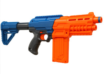 Modern toy rifle with orange magazine and blue body on transparent background