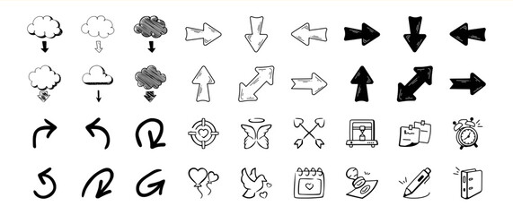 Collection of Hand Drawn Black Arrows Clouds and Icons