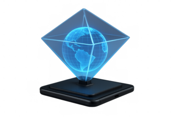Hologram of planet earth rotating inside a glass pyramid on a smartphone with transparent background