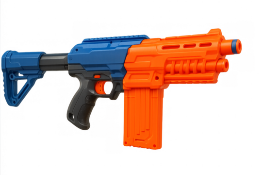 Modern toy rifle with orange magazine and blue body on transparent background