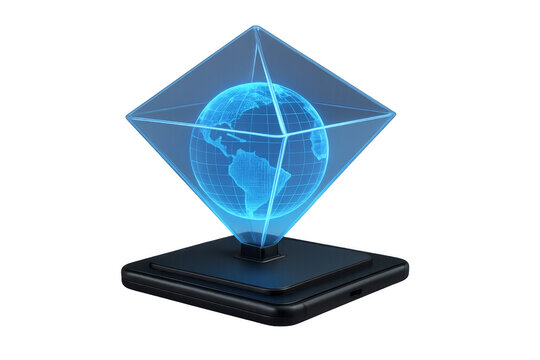 Hologram of planet earth rotating inside a glass pyramid on a smartphone with transparent background - Powered by Adobe