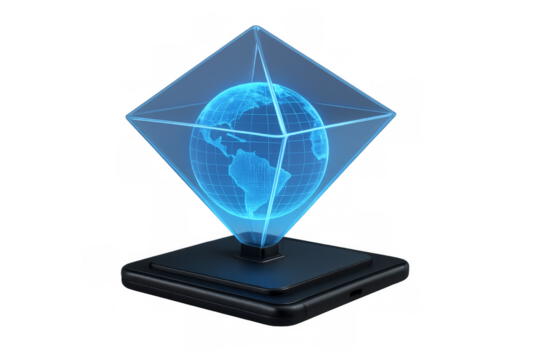 Hologram of planet earth rotating inside a glass pyramid on a smartphone with transparent background