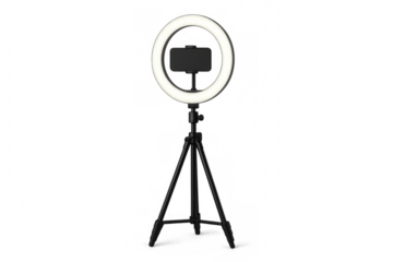 Ring light with tripod and smartphone on transparent background