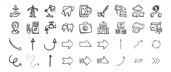 Hand Drawn Icon Set Collection of Arrows Technology and Nature Symbols