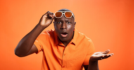 Surprised, man and question for news, studio and facial expression for revelation, what and...