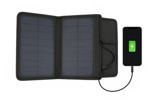 Portable solar panel charging smartphone on transparent background