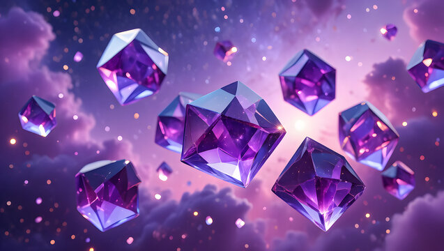 Purple Crystal Gems Floating in Twilight Sky purple crystals