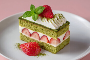 Elegant Matcha Dessert With Strawberry Center and Mint