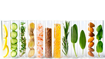 Glass Test Tubes Filled with Lemon Cucumber Thyme Ginger Himalayan Salt Flax Seeds Honey