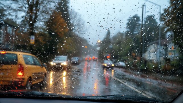 Moody rainy day with dark clouds and falling raindrops outdoors