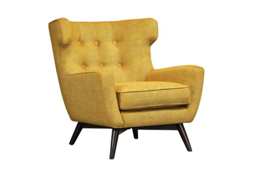 Modern mustard yellow button tufted accent chair mid century design, On Transparent Background, Png Image