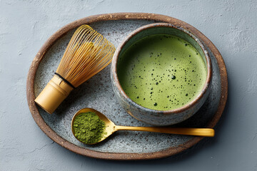 Matcha Bowl With Chasen and Chashaku on Ceramic Tray