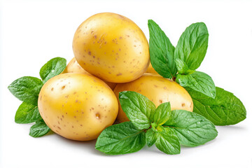 Organic Potatoes With Bright Green Mint Leaves