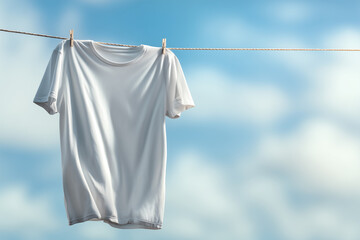 Plain White T-Shirt Hanging on Clothesline in Sky