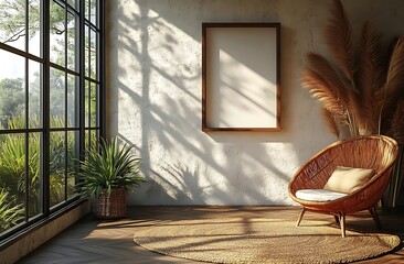Rattan Chair and Wall Frame Mockup in Sunlit Interior

