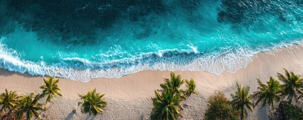 A beautiful beach with palm trees and a blue ocean