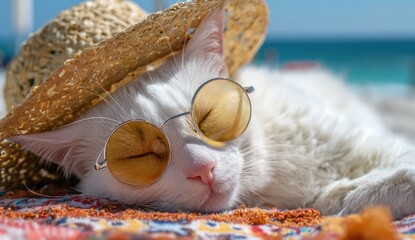 A white cat wearing sunglasses and a straw hat is laying on a beach towel