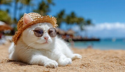A white cat wearing sunglasses and a straw hat is laying on the beach