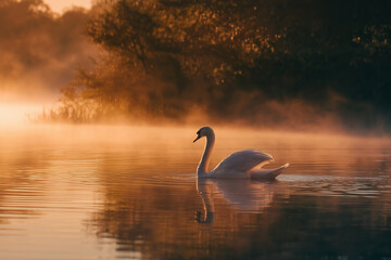 White Swan Gliding on Misty Lake at Sunrise