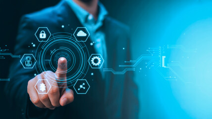 A digital technology-themed image with a dark teal background featuring a hand interacting with a holographic interface