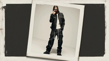 Timeless Cool: A modern-day icon, poses with an air of self-assurance and timeless style, embracing fashion and individualistic expression with effortless elegance.