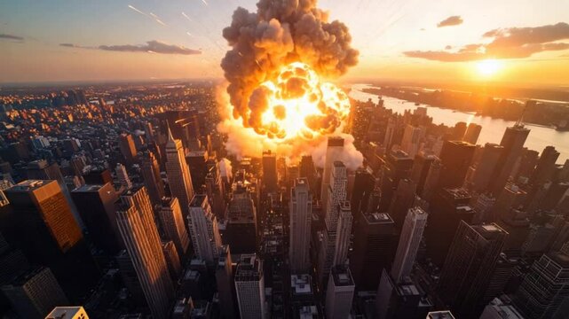 Explosion over city skyline sunset