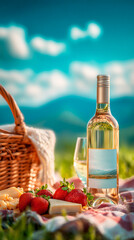 Naklejka premium Picnic with white wine, strawberries, and cheese in nature.