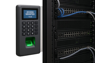 Biometric fingerprint scanner granting access to server room with transparent background