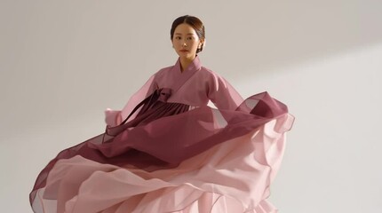 Woman in pink Korean traditional dress, woman dancing traditional dance, hanbok, Korean clothing, fashion design pictorial, young woman with pink flower - Powered by Adobe