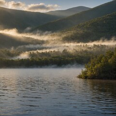 Describe a quiet mountain lake at sunrise, steam rising off the surface as birds begin to stir