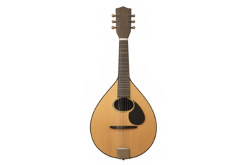 Portuguese guitarra showing its sound hole and strings on transparent background