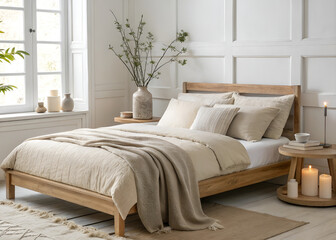 Cozy minimalist bedroom interior featuring beige linens, wooden bed frame, soft pillows, ceramic candle holders, clean white background, natural side window light, calm and warm atmosphere