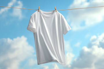 Freshly Washed White Shirt on Line With Puffy Clouds