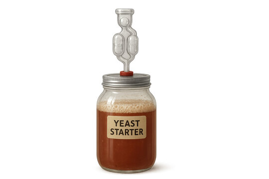 Yeast starter bubbling in glass jar with airlock on transparent background - Powered by Adobe