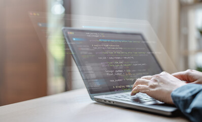 Software development business concept. Programmer coding computer. Developer programming web...