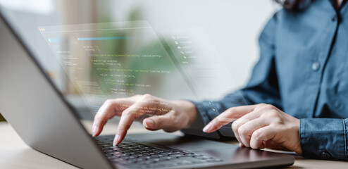 Software development business concept. Programmer coding computer. Developer programming web...
