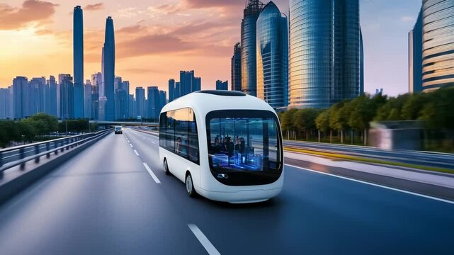 Concept of a futuristic autonomous vehicle driving without a driver, showcasing self-driving mass transit technology