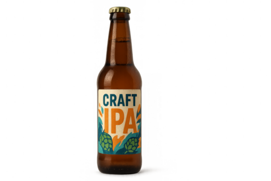 Craft ipa beer bottle with condensation on transparent background